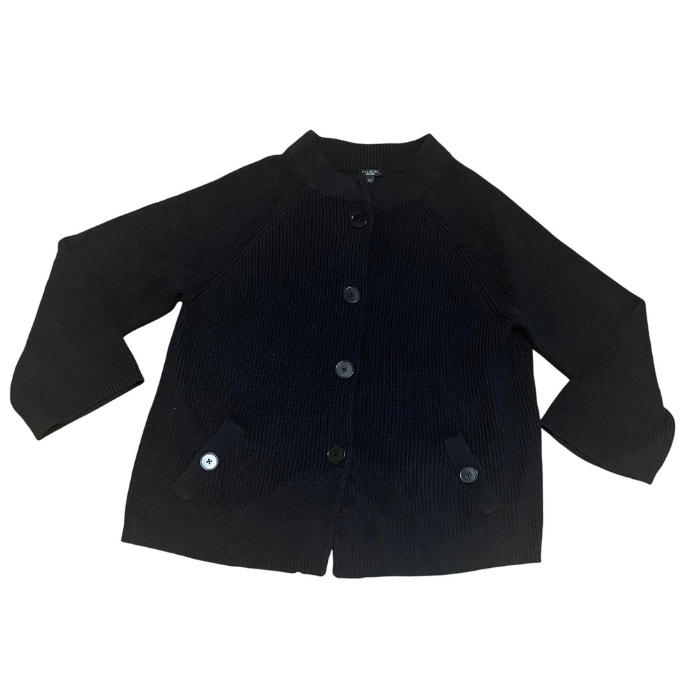 Talbots Womens XL Black Boxy Ribbed Knit Mock Neck Button Front Cardigan Sweater
